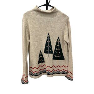 Vintage Crazy Horse Holiday Sweater Beige Knit Green Trees Button Accents Sz S